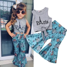 Baby and Toddler Girl Paris Shirt and Floral Flare Bell Bottom Pant Set Trendy