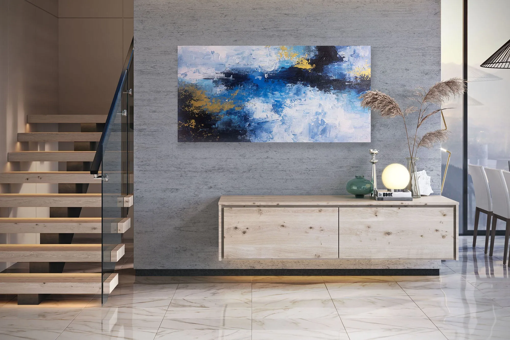 Blue White Gold Contemporary Art Office Oversize Artworks Qp030