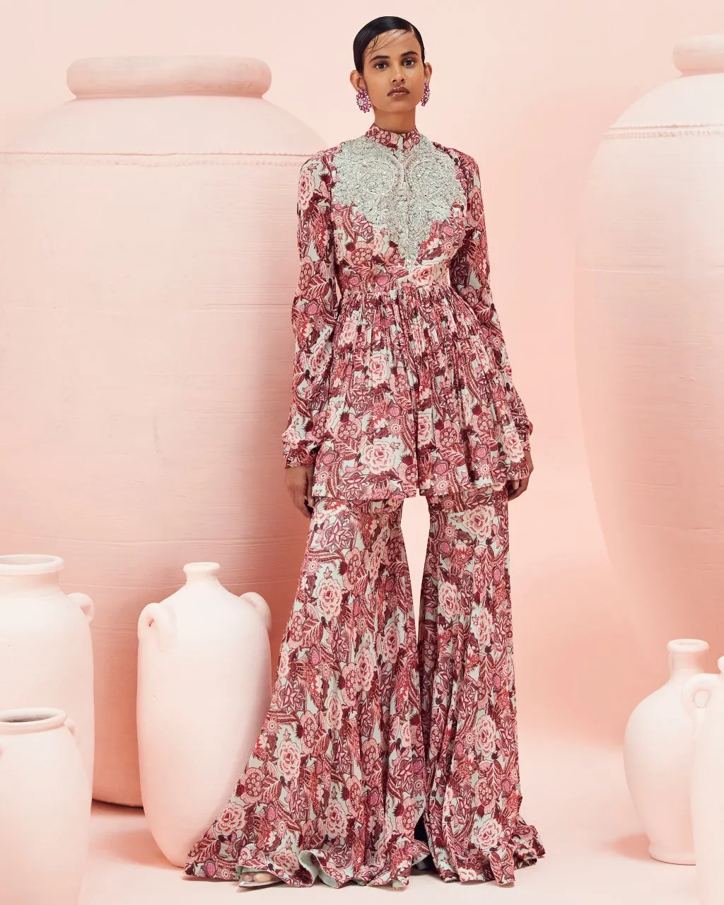 Blush Abstract Floral Peplum And Gharara Set