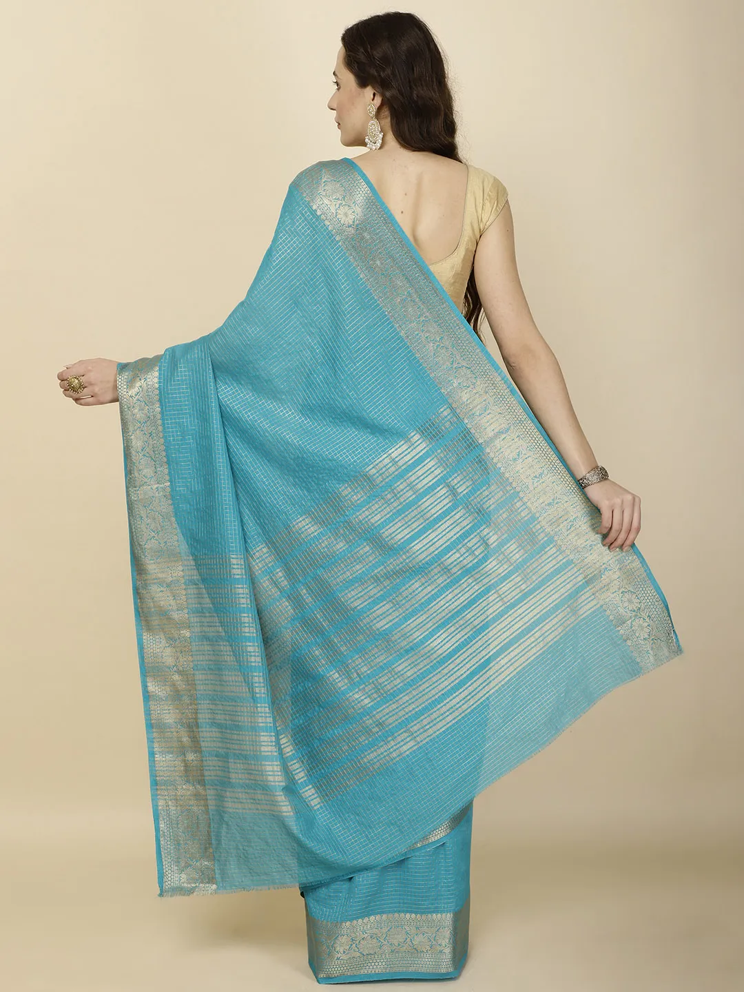 Check Pattern Plain Woven Georgette Saree