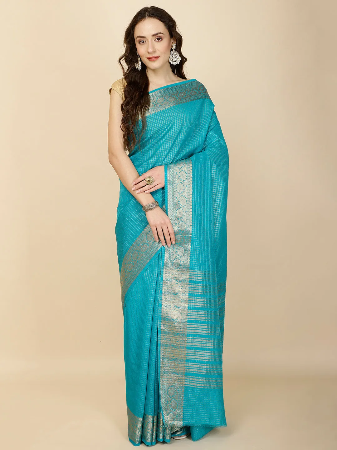 Check Pattern Plain Woven Georgette Saree