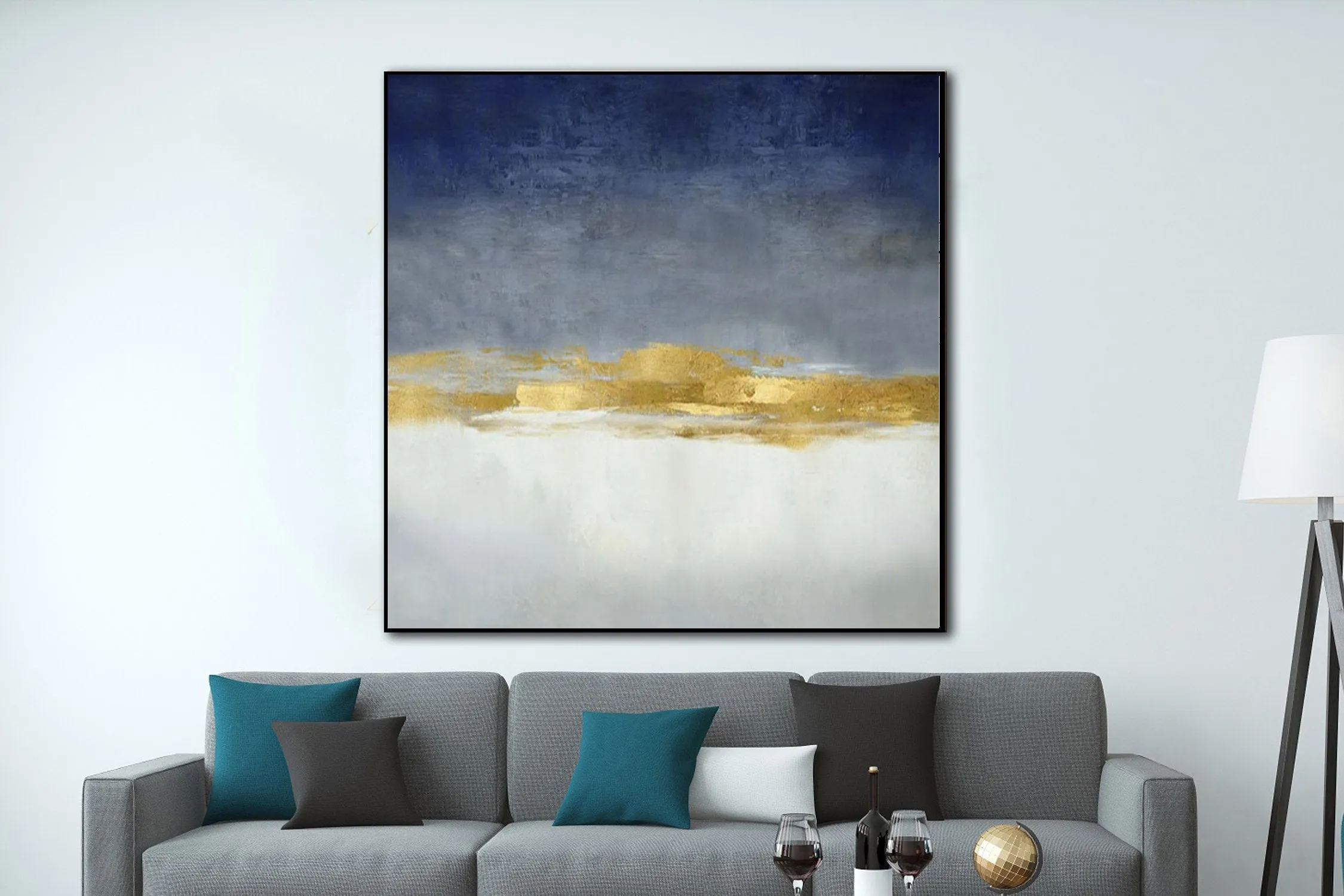 Deep Blue White Gold Minimalist Abstract Painting For Office Sp003