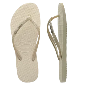 Havaianas Slim Metal Logo Glitter Thongs - Beige