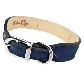 Italian French Navy Leather Dog Collar in Nickel