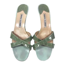 MANOLO BLAHNIK Sage Green Crocodile Cross Strap Slide Sandal Heel Size 38 1/2