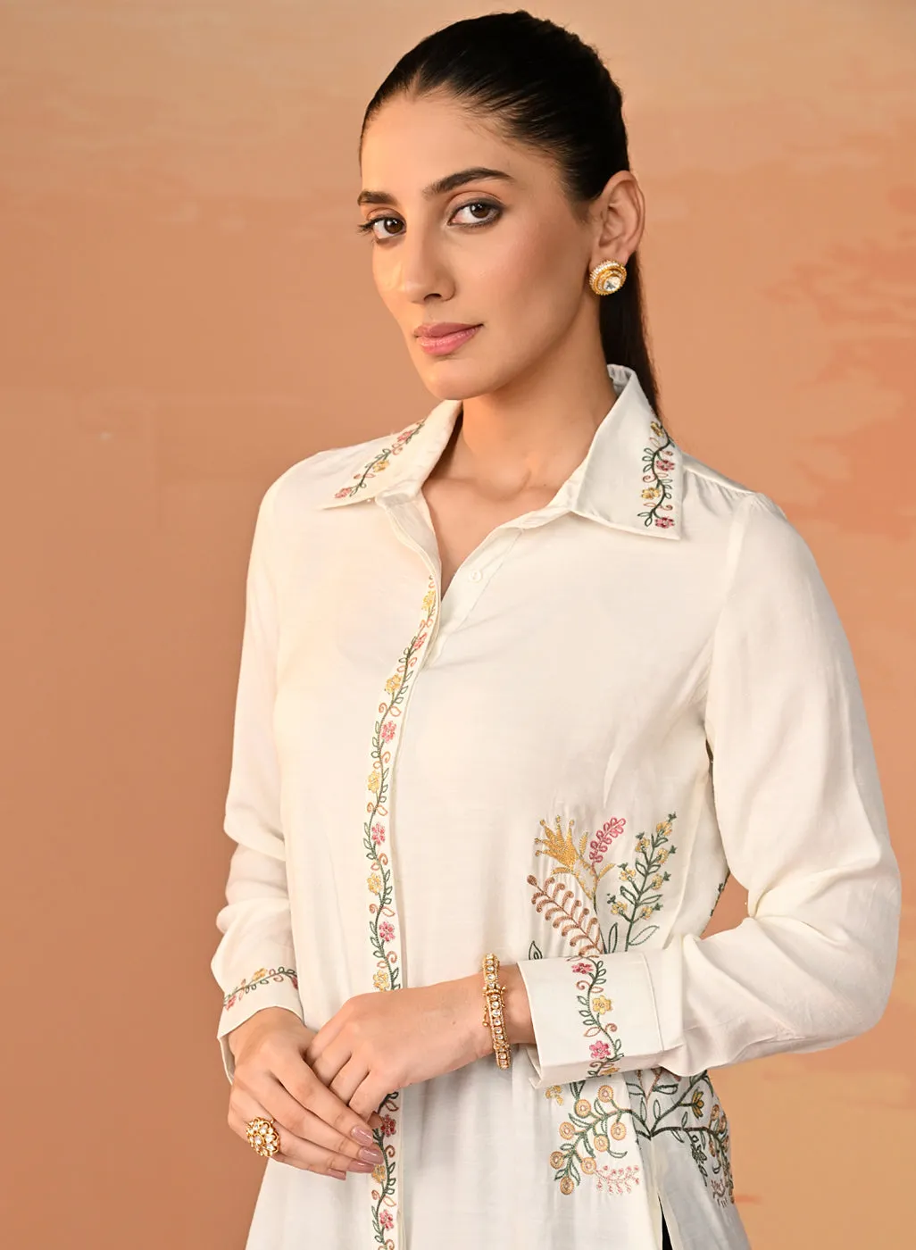 Nausheen Ivory Embroidered Viscose Shirt for Women