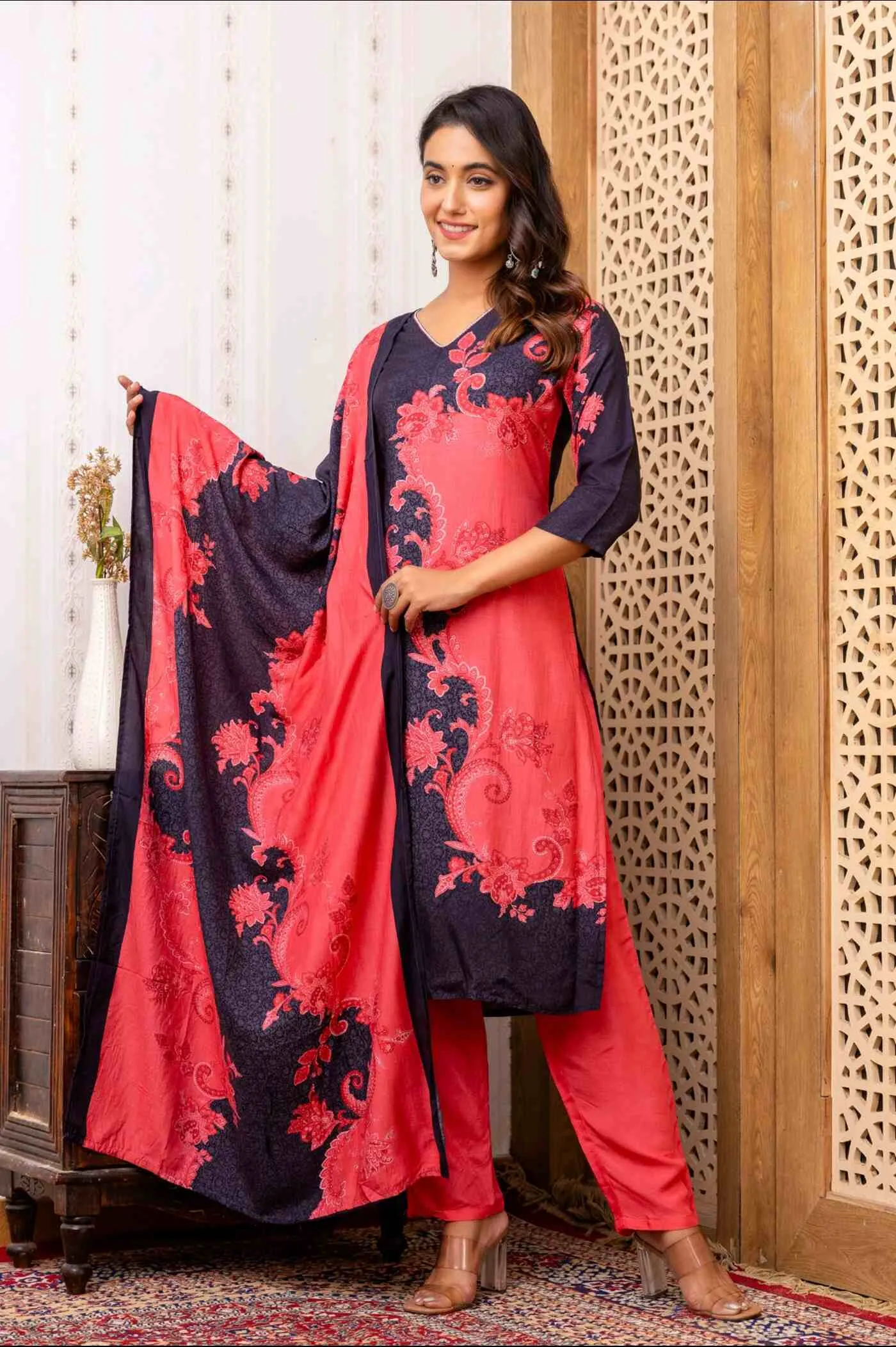 Red and Blue Kurta Set with Dupatta