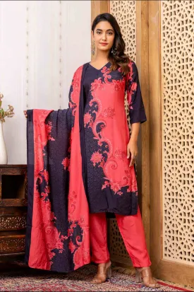 Red and Blue Kurta Set with Dupatta