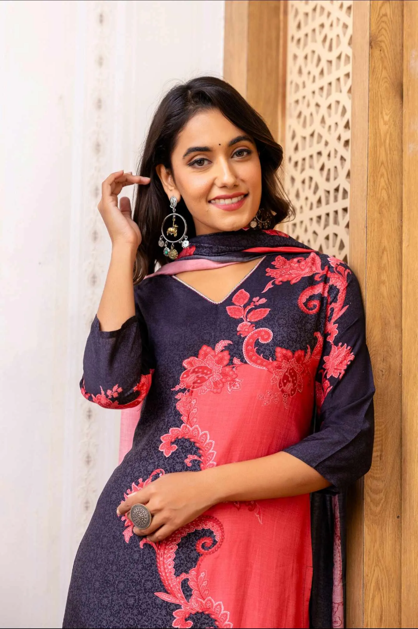 Red and Blue Kurta Set with Dupatta