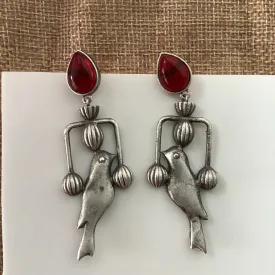 Salvanity German Silver Trendy Pakshi (Bird) Earrings - Red